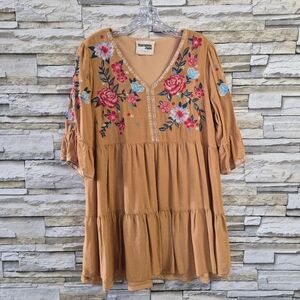 Savanna Jane Dress Women's L Mustard Boho Floral Embroidered Tunic Bell Sleeves